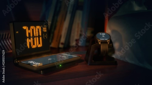 Digital alarm clock with phone charger and smart watch are waking up at 7 AM. The numbers on the clock screen changes from 6:59 to 7:00AM. Alarm goes off on the charging phone and the smart watch also
