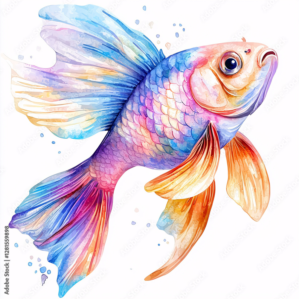 Fototapeta premium Colorful goldfish watercolor illustration with flowing fins.