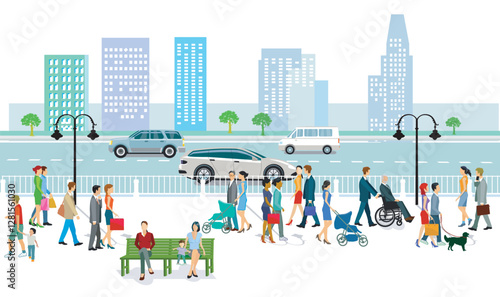 Stadtübersicht mit Spaziergänger in der Freizeit und Verkehr..eps