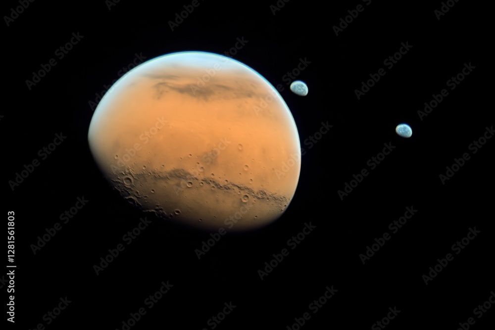 Obraz premium Captivating view of Mars and its moons Phobos and Deimos against the backdrop of deep space astronomy photography