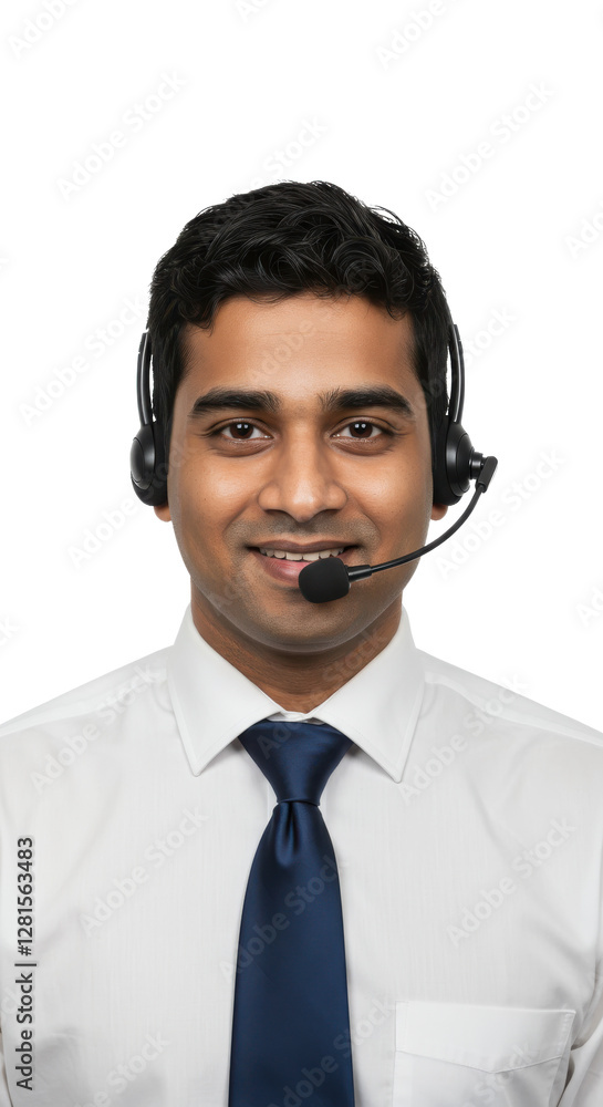 Portrait of a smiling male call center worker with a headset, customer service representative isolated on White background Portrait of a smiling male call center worker with a headset, customer service representative isolated on White background