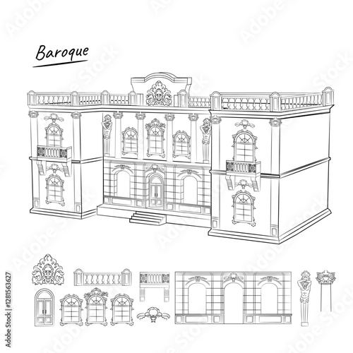 Linear vector drawing of old architectural decorated building in baroque style on white background