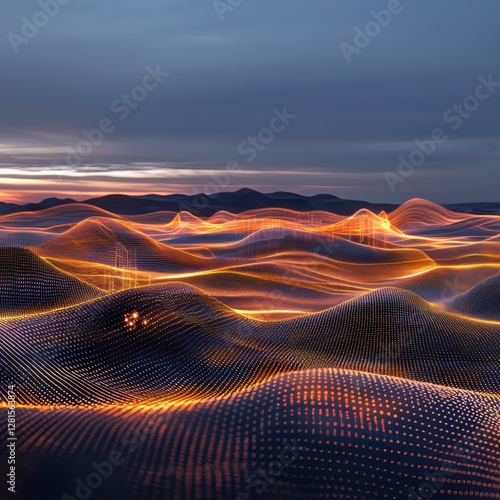 Wallpaper Mural Futuristic digital landscape with glowing orange data waves flowing over a dark terrain, creating a high-tech and cyber-inspired abstract scene. AI generative. Torontodigital.ca