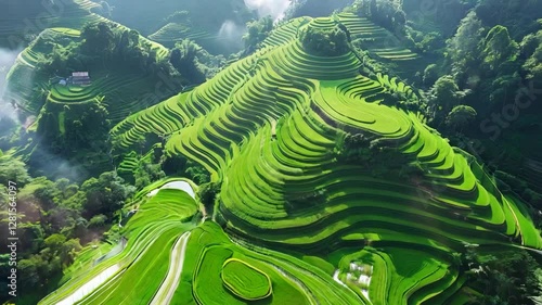 4K绿色山间稻田梯田农业自然景观