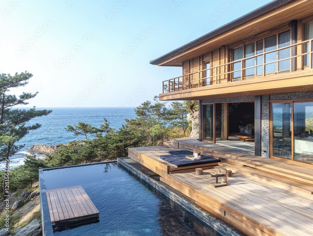 Fototapeta premium A modern wooden home with a beautiful ocean view