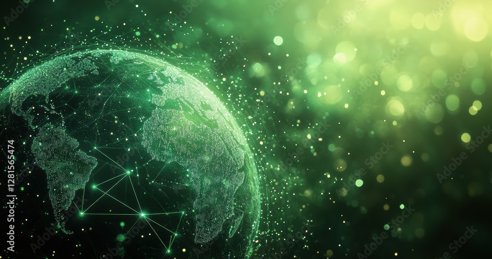 Obraz premium Digitale Erde mit globaler Datenvernetzung in grünen Farbtönen, Digital Earth with global data network in green tones