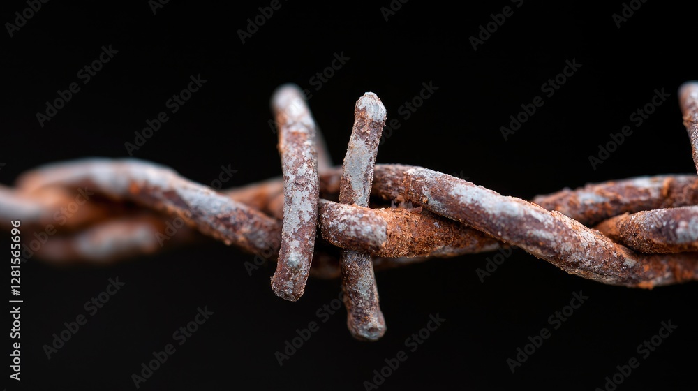 Fototapeta premium Rusty barbed wire close-up against black background. Possible stock photo use