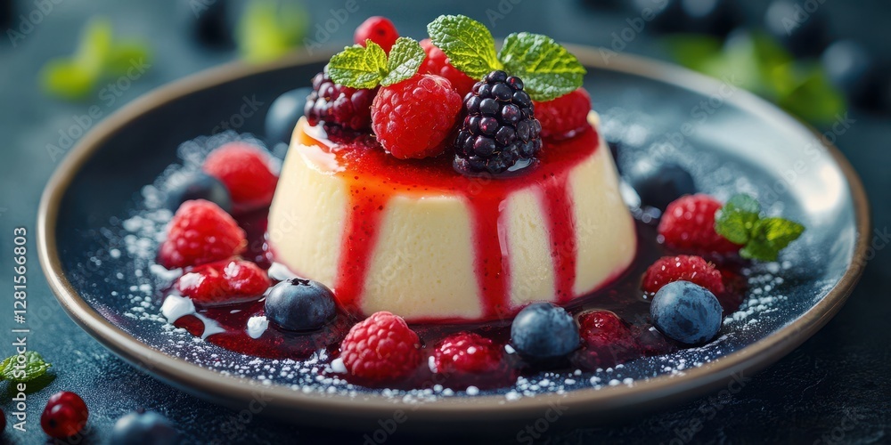 Delicious dessert featuring creamy panna cotta topped with mixed berries and raspberry sauce in an elegant presentation Delicious dessert featuring creamy panna cotta topped with mixed berries and raspberry sauce in an elegant presentation