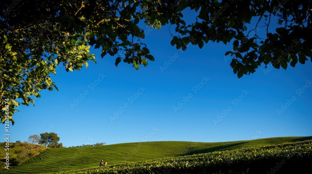 Tranquil Tea Plantation Underneath a Vivid Blue Sky Tranquil Tea Plantation Underneath a Vivid Blue Sky