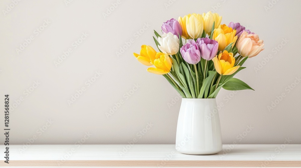 Colorful tulips in a vase on a shelf Colorful tulips in a vase on a shelf