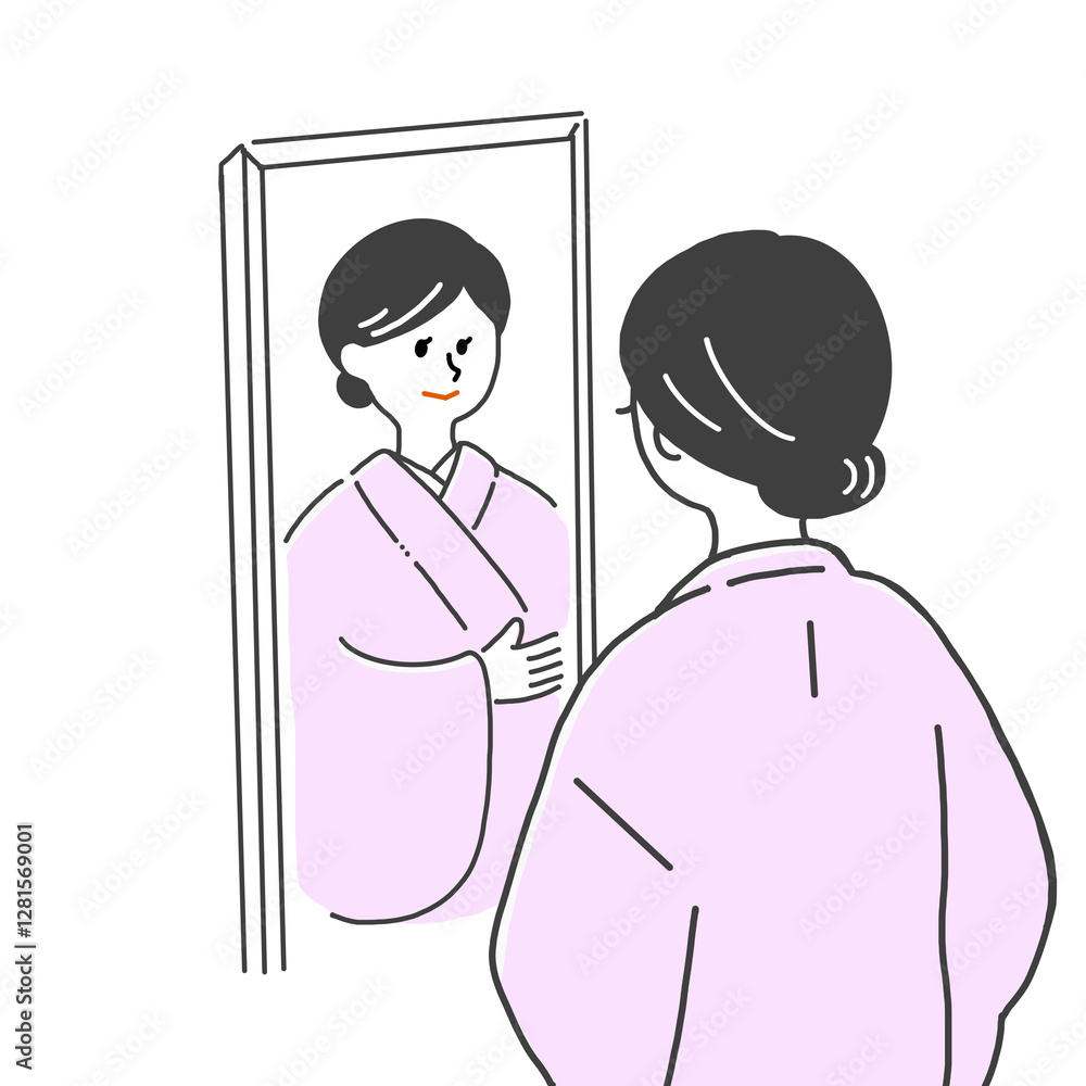 Obraz premium 鏡の前でピンク色の着物の着付けをする黒髪女性
