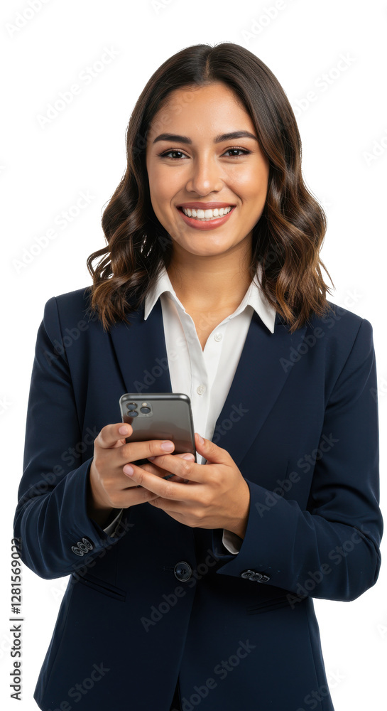 Smiling young beautiful businesswoman holding smartphone isolated on White background Smiling young beautiful businesswoman holding smartphone isolated on White background