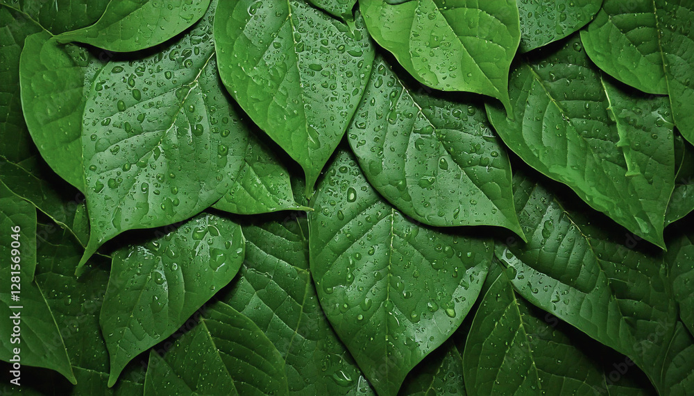 Fototapeta premium top view green leaves with raindrops