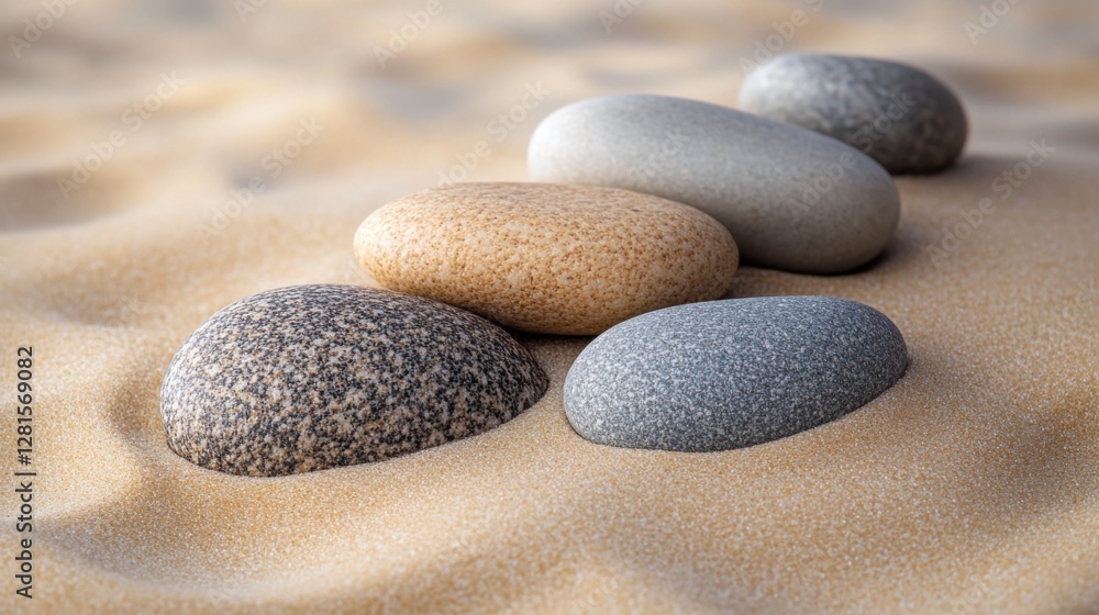 Smooth polished river stones arranged in an organic yet structured composition on soft sand creating a soothing visual experience Smooth polished river stones arranged in an organic yet structured composition on soft sand creating a soothing visual experience