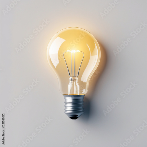 Glowing Light Bulb Icon – Bright Yellow Idea Symbol for Creativity, Innovation, Inspiration, Energy, and Smart Solutions – Modern 3D Design on Light Background  photo