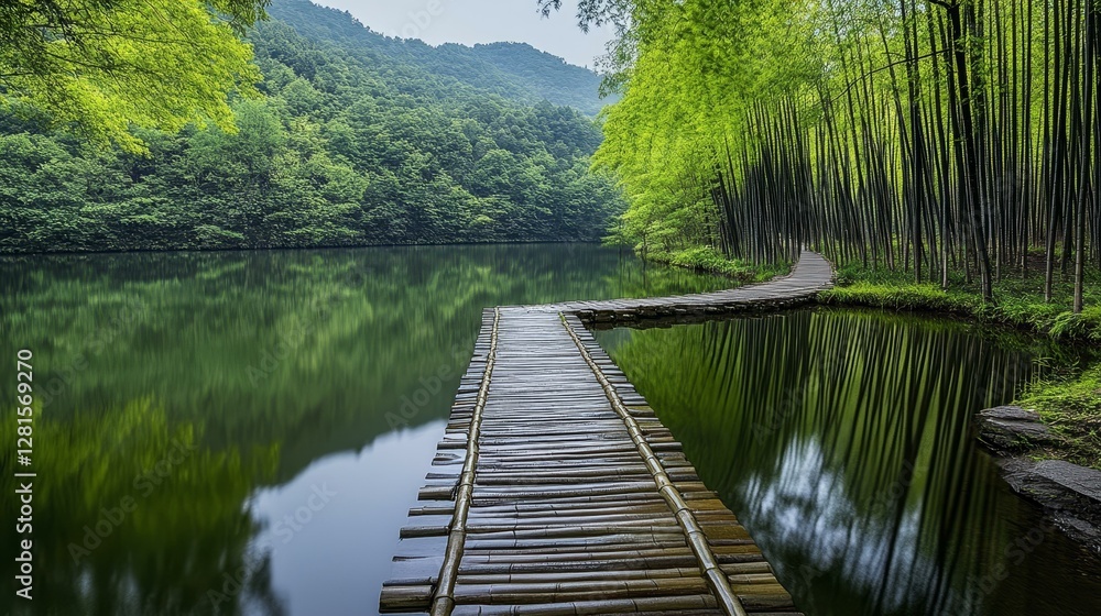 Serene Bamboo Forest Lakeside Wooden Bridge Serene Bamboo Forest Lakeside Wooden Bridge