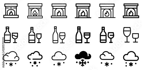 Cosy Fireplace, Wine, and Snowing Vector Icon Set