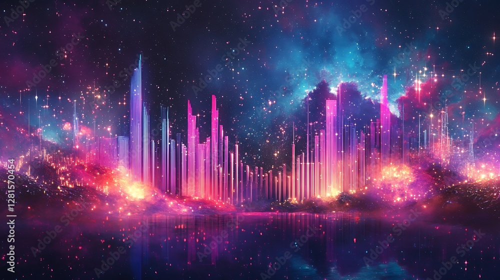 Neon Cityscape Reflecting in a Cosmic Lake Neon Cityscape Reflecting in a Cosmic Lake