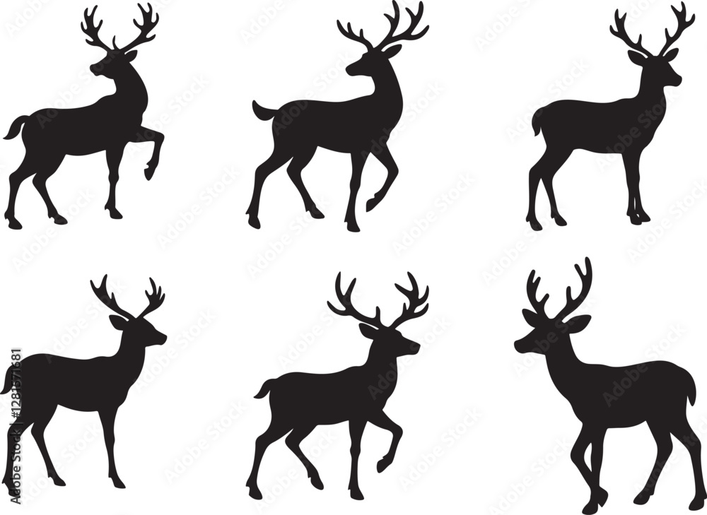set of silhouettes of reindeer. male and female deer isolated on a white background set of silhouettes of reindeer. male and female deer isolated on a white background