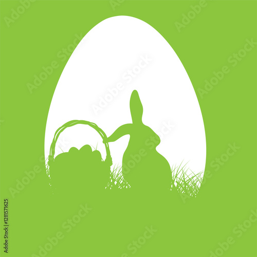 Easter background with silhouette of a basket and a bunny in the grass