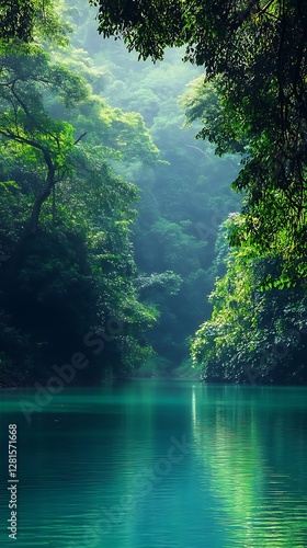 vibrant emerald river flowing in tropical forest image