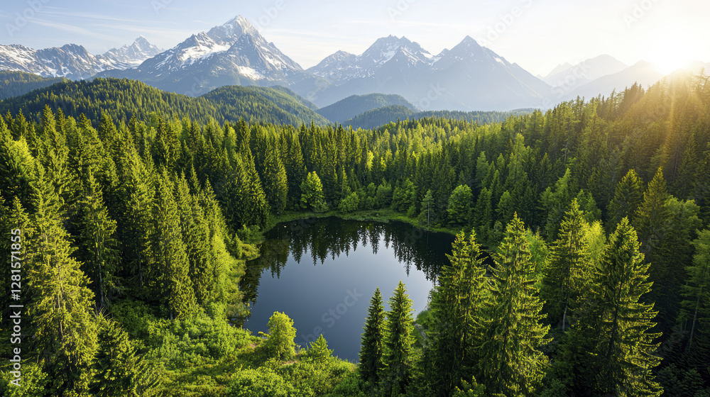 Fototapeta premium Majestic mountains surround serene lake, nestled in lush green forests