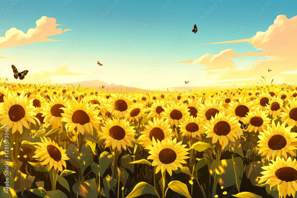 Fototapeta premium Illustration of a vast sunflower field stretching to the horizon, bathed in the warm golden light of late afternoon. A soft breeze sways the tall flowers, creating a mesmerizing wave like motion,