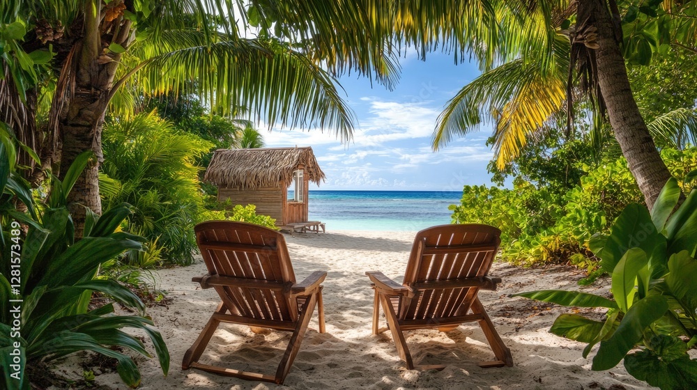 Fototapeta premium Tropical paradise scene with wooden beach chairs arranged near a cozy beachside hut, framed by palm trees and lush vegetation.