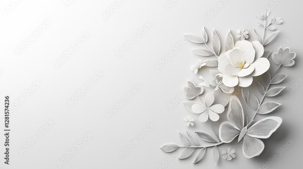 Elegant paper cut flowers and butterflies on clean background Elegant paper cut flowers and butterflies on clean background