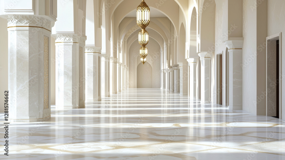 Fototapeta premium stunning corridor with elegant arches and ornate lanterns, showcasing luxurious marble flooring and serene atmosphere