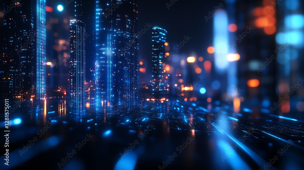 Fototapeta premium Futuristic cityscape with glowing skyscrapers.