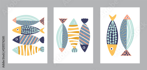 Interior poster with sardines. Cute set. Vector illustration