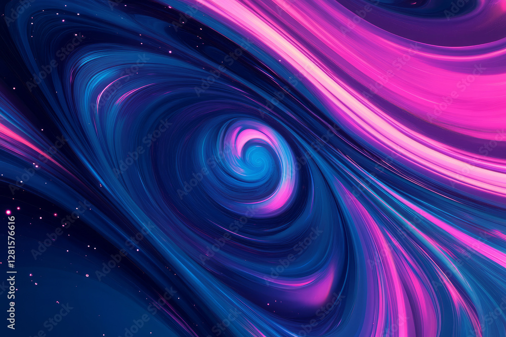 Fototapeta premium Illustration of a mesmerizing galaxy swirl in vibrant shades of deep blue, violet, and neon pink. Stars twinkle within the cosmic spiral, creating a hypnotic and otherworldly abstract composition that