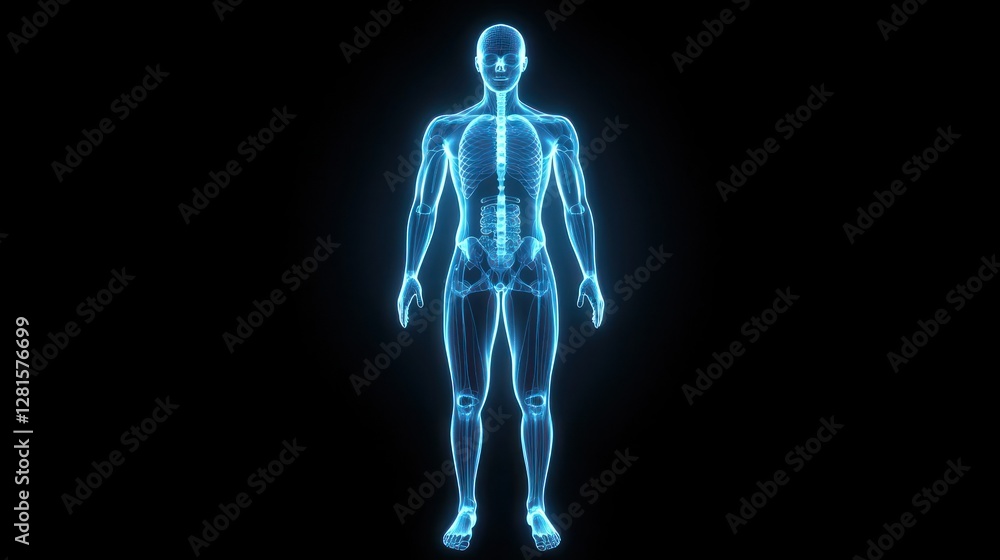 A glowing outline of a human body on a futuristic digital screen. A glowing outline of a human body on a futuristic digital screen.