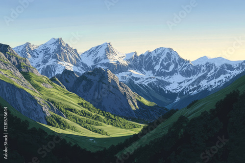 Wallpaper Mural Illustration of a serene mountain landscape during the golden hour, with the sun casting a warm glow over the snow capped peaks. The lush green valleys and clear blue sky create a peaceful and Torontodigital.ca