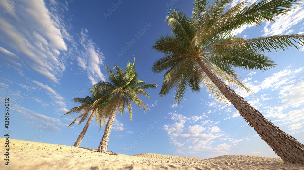 Obraz premium serene desert oasis with palm trees under bright blue sky