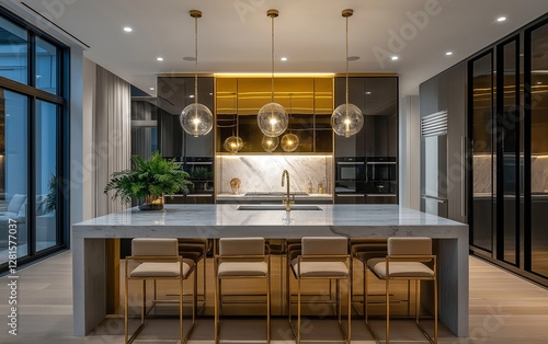 Expansive modern kitchen with a gold-accented island and custom-built cabinetry.