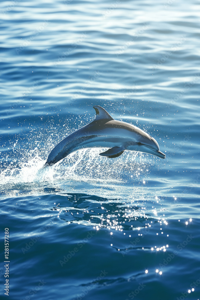 Fototapeta premium Illustration of a playful dolphin leaping through the waves in a bright blue ocean. The sunlight reflects off the water, creating sparkles around the dolphin as it enjoys its playful freedom in the