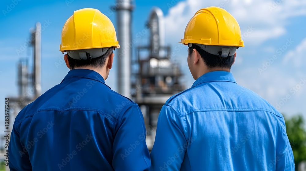 Workers Observing Industrial Facility Under Clear Blue Sky Workers Observing Industrial Facility Under Clear Blue Sky