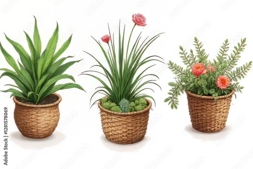 Fototapeta premium Decorative Plants in Woven Baskets - Illustration of Houseplants