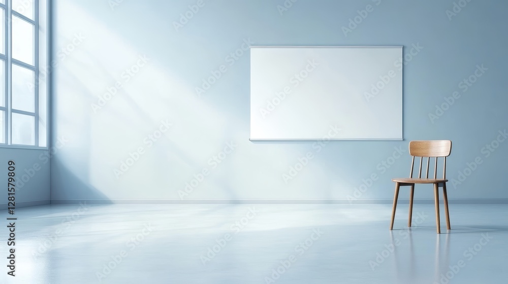 Modern minimalist office space, empty room with whiteboard and chair, perfect for brainstorming productivity Modern minimalist office space, empty room with whiteboard and chair, perfect for brainstorming productivity