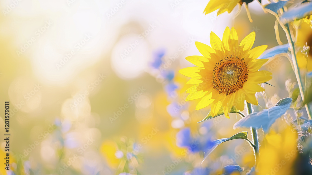 Naklejka premium vibrant sunflower stands out in colorful field of wildflowers, radiating warmth and joy