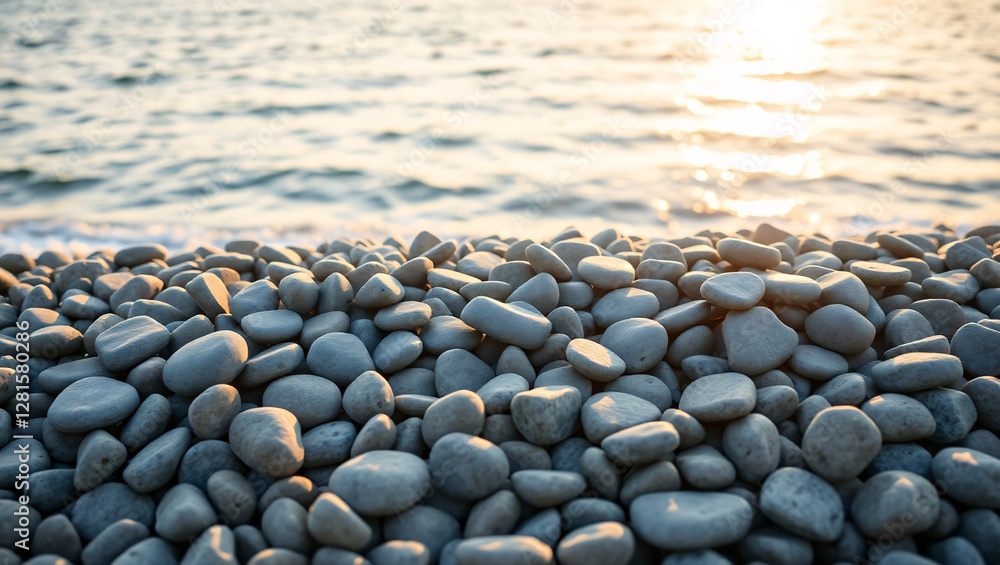 Obraz premium Serene Grey Beach Stones Arrangement with Blurred Ocean Background