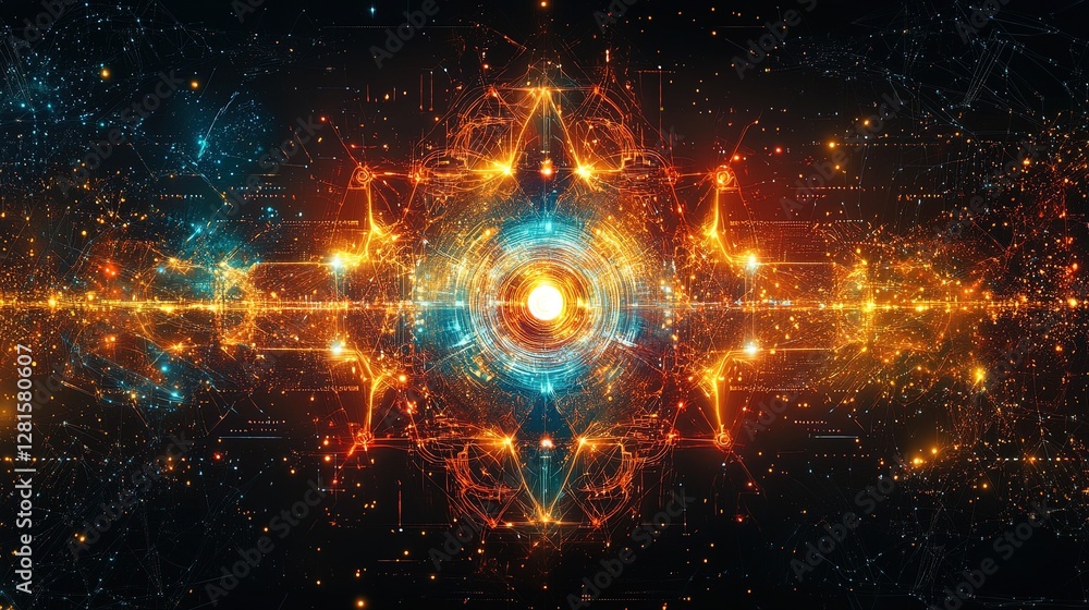 Obraz premium High-tech abstract design with digital data flows, glowing geometric shapes, and tech symbols 