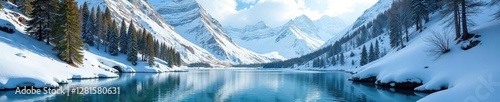 Wallpaper Mural Snowy mountain landscape with a waterfall cascading into a serene lake, freshwater lakes, waterfeatures, mountains Torontodigital.ca