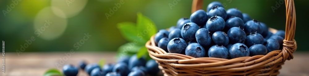 Fototapeta premium Fresh wild blueberries piled high in a wicker basket, , organic