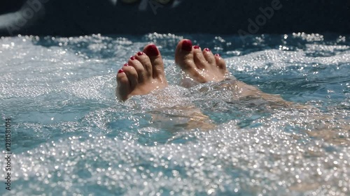 feet with red nails during hydrotherapy session in the hot tub during luxury cruise