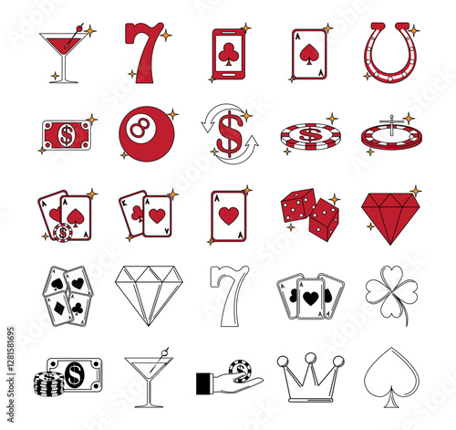 Set of casino vector icons with white background
