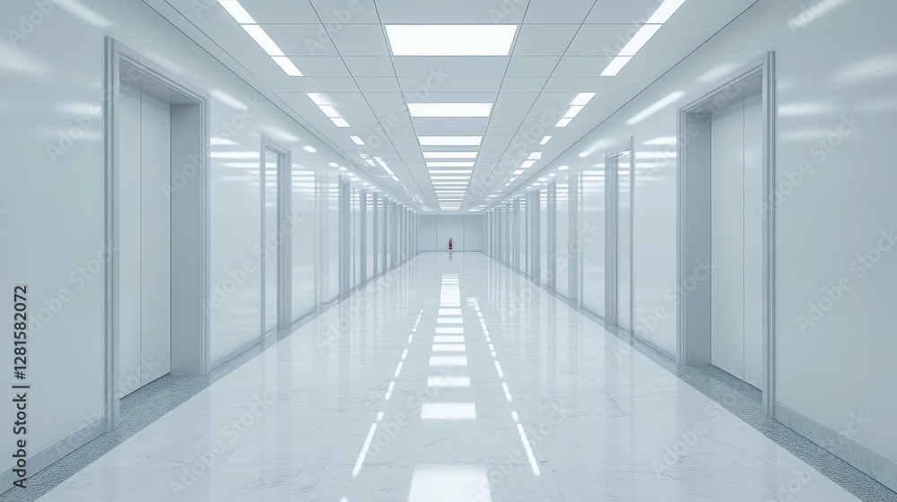 Modern Empty Office Corridor with White Walls and Doors Modern Empty Office Corridor with White Walls and Doors