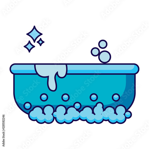 Blue Cartoon Bathtub Full of Bubbles with Sparkles – Vector Illustration Representing Cleanliness, Hygiene, and Bath Time